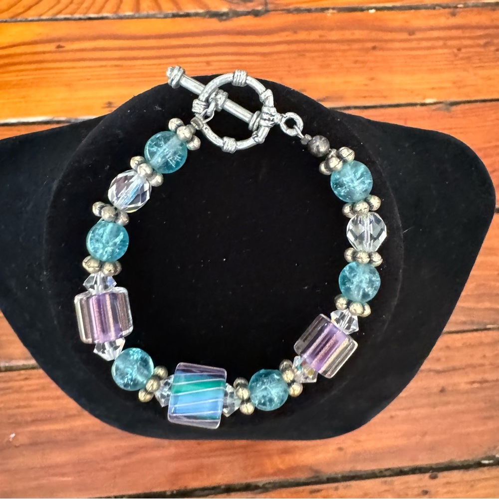 Small Lampwork Glass Bracelet - Silver Purple Blue Clear - Picture 7 of 9